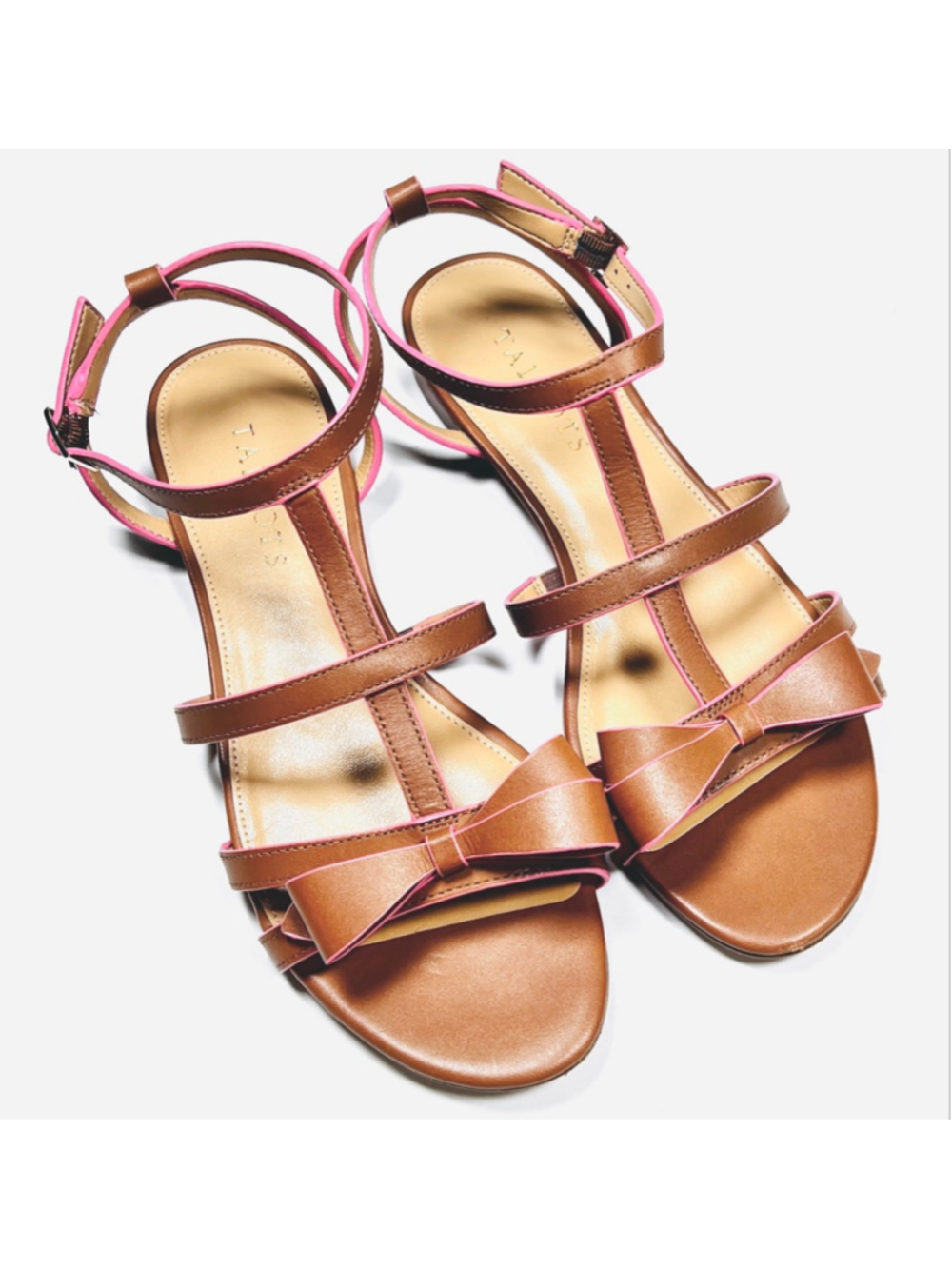 Talbots Womans Sandal Tan Brown & Pink Flat Sandals Bow Size 7 Leatger